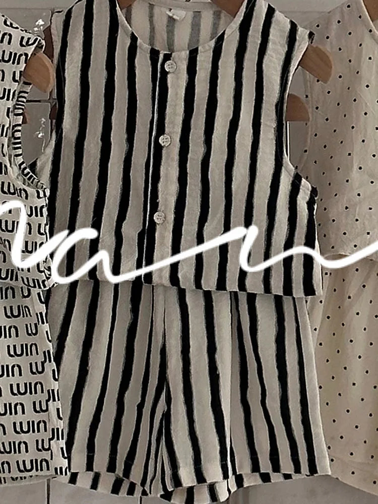 -キッズセットアップ 2点セット コットンリネン プリントノースリーブトップス+ショートパンツ 5柄 - mamahalo shop - ノースリーブセットアップ -  べビー服 - 子供服 - 男の子 - 女の子