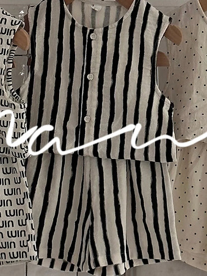 -キッズセットアップ 2点セット コットンリネン プリントノースリーブトップス+ショートパンツ 5柄 - mamahalo shop - ノースリーブセットアップ -  べビー服 - 子供服 - 男の子 - 女の子