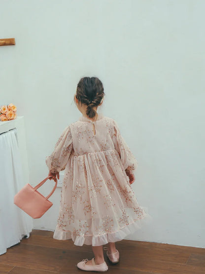 -キッズワンピース スパンコール 長袖パフスリーブ シフォンドレス パーティドレス ピンク【mh0004261】 - mamahalo shop - 長袖ワンピース -  べビー服 - 子供服 - 男の子 - 女の子