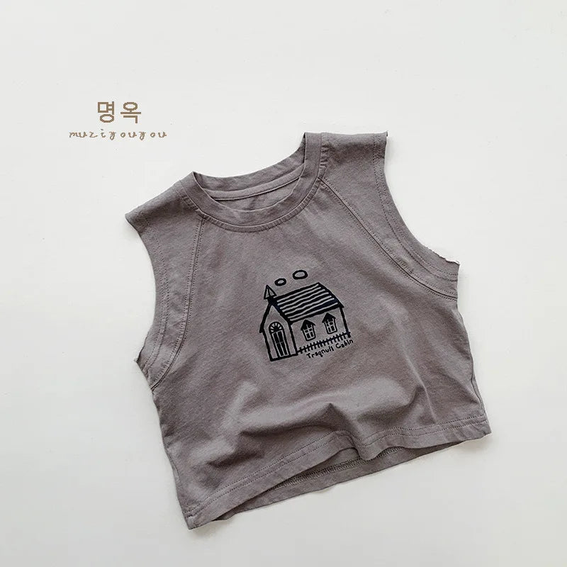 -キッズトップス ノースリーブTシャツ タンクトップ ハウス家プリント 2カラー【mh0006324】 - mamahalo shop - タンクトップ・キャミソール・ノースリーブトップス -  べビー服 - 子供服 - 男の子 - 女の子