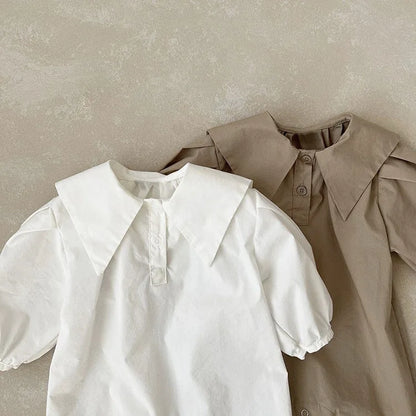 -ベビーロンパース 長袖ジャンプスーツ 三角襟 シャツロンパース ホワイト ブラウン 2カラー - mamahalo shop - 長袖ロンパース -  べビー服 - 子供服 - 男の子 - 女の子