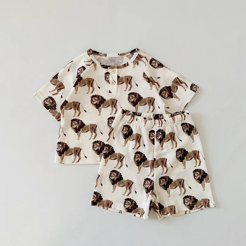 -キッズセットアップ 2点セット ヘンリーネック 半袖Tシャツ+ショートパンツ ルームウェア アニマルプリント【mh0006510】 - mamahalo shop - 半袖セットアップ -  べビー服 - 子供服 - 男の子 - 女の子