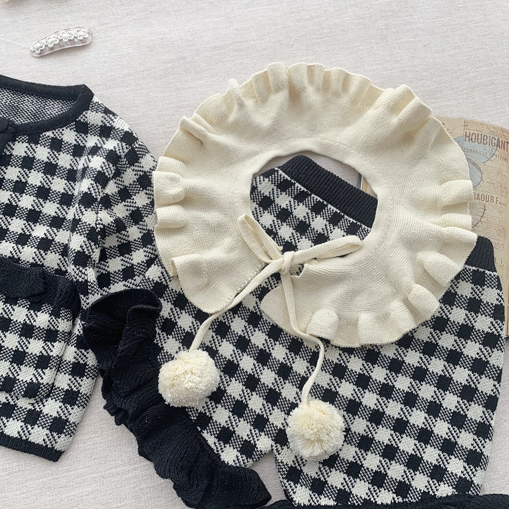 -ベビー キッズ チェック セットアップ ニット セーター フリル ショートパンツ つけ襟 セット ブラック パープル ガールズ - mamahalo shop - 長袖セットアップ -  べビー服 - 子供服 - 男の子 - 女の子