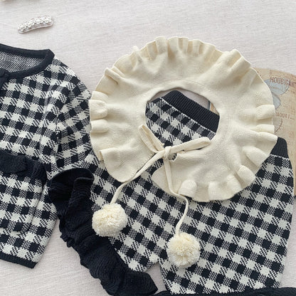 -ベビー キッズ チェック セットアップ ニット セーター フリル ショートパンツ つけ襟 セット ブラック パープル ガールズ - mamahalo shop - 長袖セットアップ -  べビー服 - 子供服 - 男の子 - 女の子