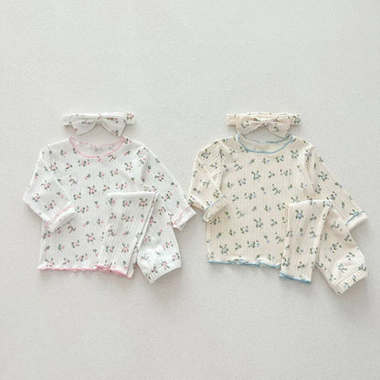 -ベビーセットアップ 3点セット 長袖パジャマセット 長袖トップス+ロングパンツ+ヘアバンド フラワー小花柄プリント 2カラー【mh0006468】 - mamahalo shop - 長袖パジャマ -  べビー服 - 子供服 - 男の子 - 女の子