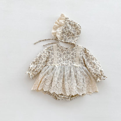 -ベビー 長袖ロンパース フラワー 花柄 レースエプロン ドッキング ドレスロンパース ボンネットセット 帽子付き 2点セット ガールズ 女の子 - mamahalo shop - 長袖ロンパース -  べビー服 - 子供服 - 男の子 - 女の子