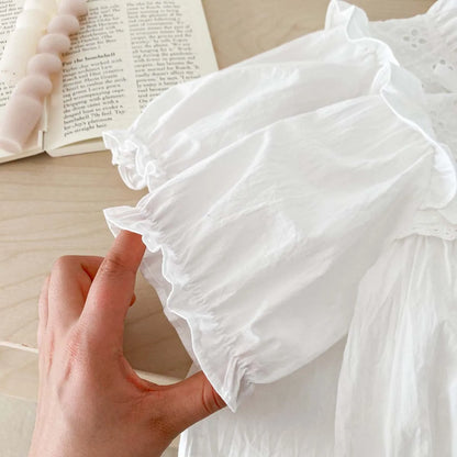 -ベビーロンパース/ワンピース 長袖ボディスーツ レースフリル リボン ホワイトドレス【mh0004454】 - mamahalo shop - 長袖ロンパース -  べビー服 - 子供服 - 男の子 - 女の子