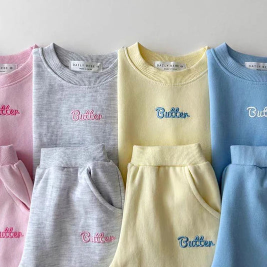 -ベビーキッズセットアップ 2点セット 長袖スウェットシャツ+スウェットパンツ トレーナー レターロゴ刺繍 パステル4カラー【mh0006476】 - mamahalo shop - 長袖セットアップ -  べビー服 - 子供服 - 男の子 - 女の子