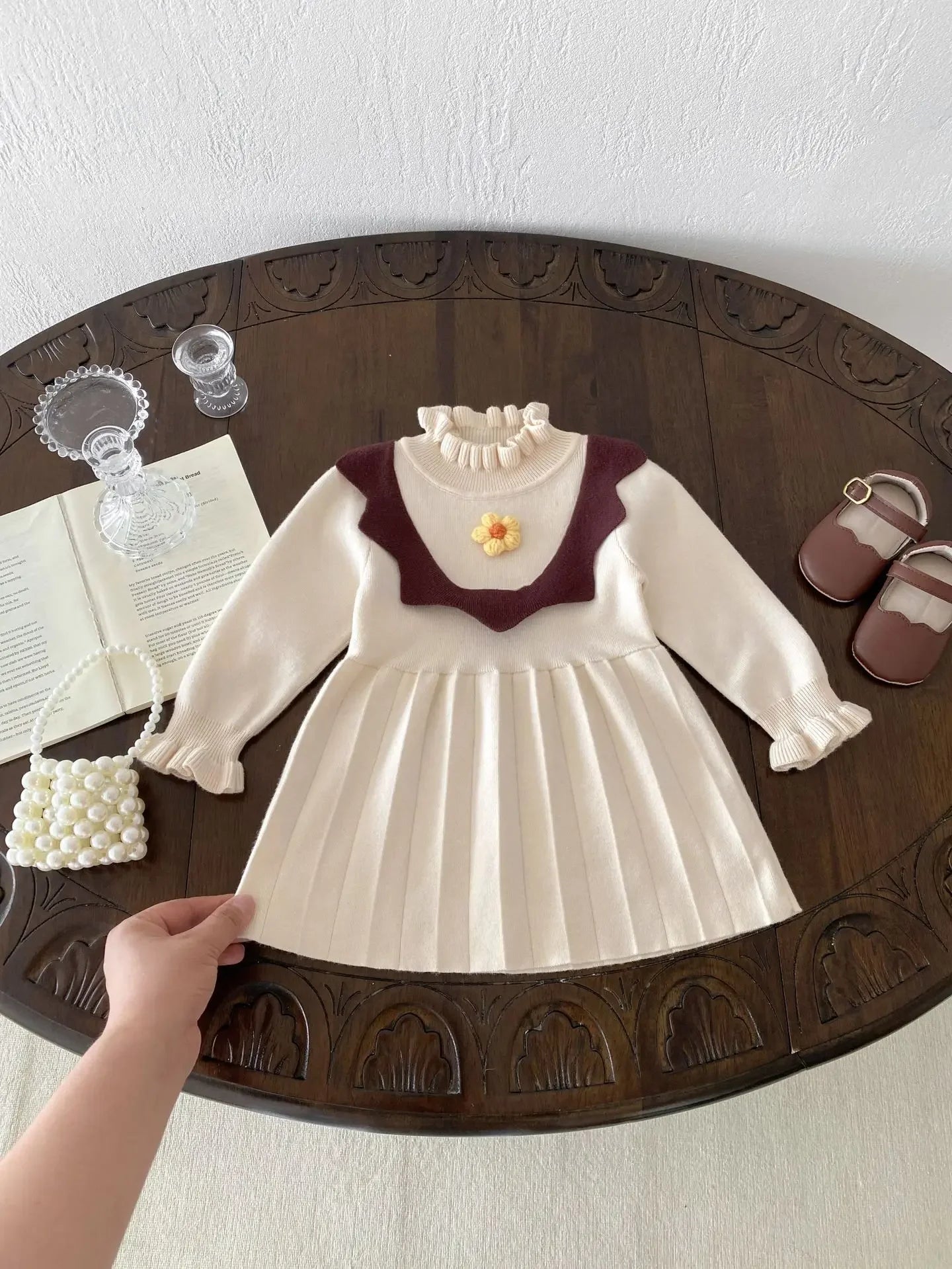 -ベビーキッズワンピース ニットフラワー長袖ワンピース 2カラー - mamahalo shop - 長袖ワンピース -  べビー服 - 子供服 - 男の子 - 女の子