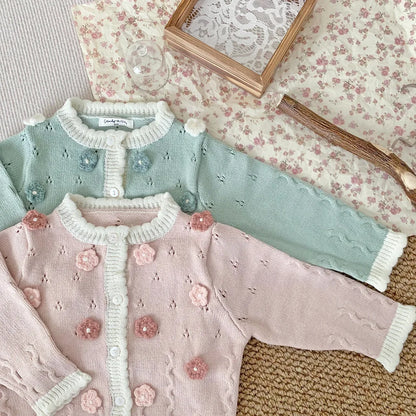 -ベビーキッズカーディガン ニットジャケット フラワー刺繍 ピンク/グリーン/2カラー【mh0004554】 - mamahalo shop - カーディガン・パーカー -  べビー服 - 子供服 - 男の子 - 女の子