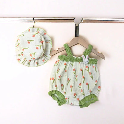 -☺︎ ベビーロンパース 帽子セット キャミソールボディスーツ チューリッププリント フリルチューリップハット グリーン - mamahalo shop - ノースリーブロンパース -  べビー服 - 子供服 - 男の子 - 女の子