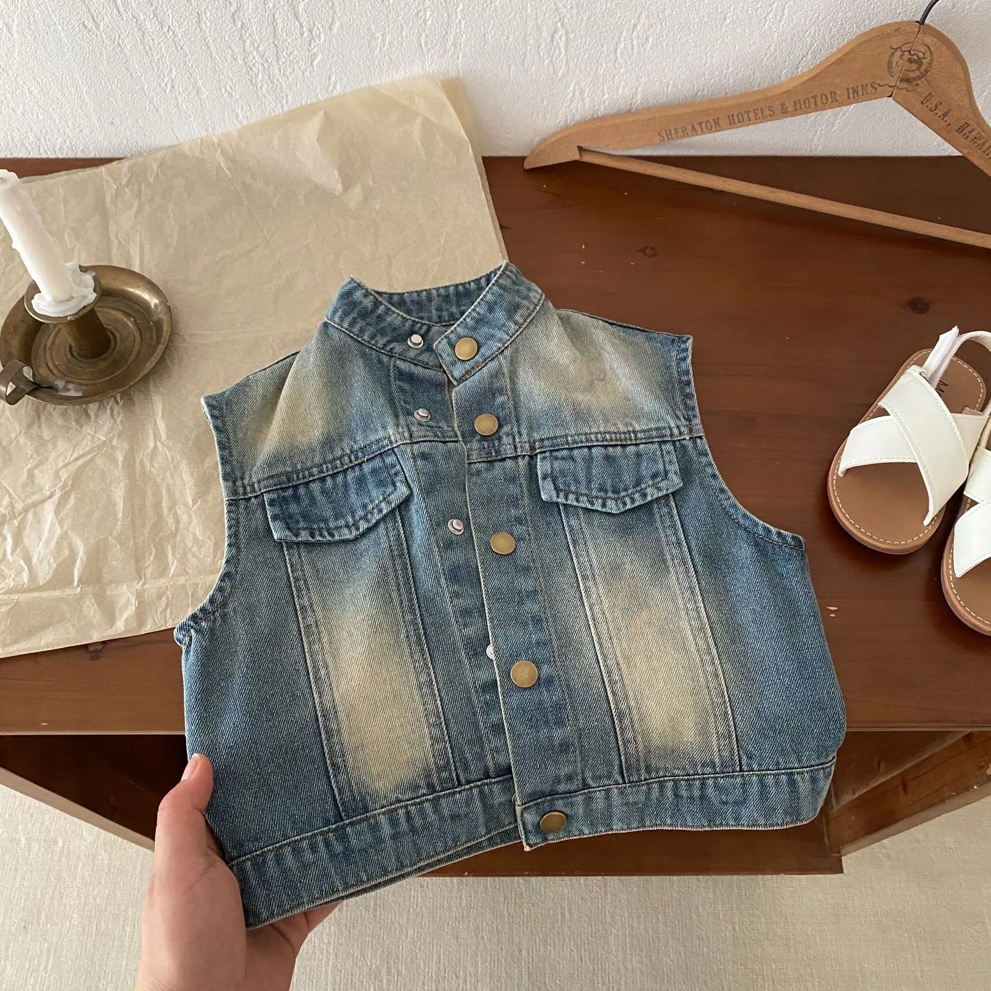 -キッズベスト デニム スタンドカラー 前あきベストジャケット【mh0006670】 - mamahalo shop - ベスト -  べビー服 - 子供服 - 男の子 - 女の子