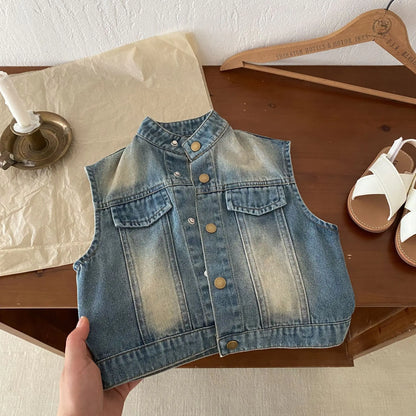 -キッズベスト デニム スタンドカラー 前あきベストジャケット【mh0006670】 - mamahalo shop - ベスト -  べビー服 - 子供服 - 男の子 - 女の子