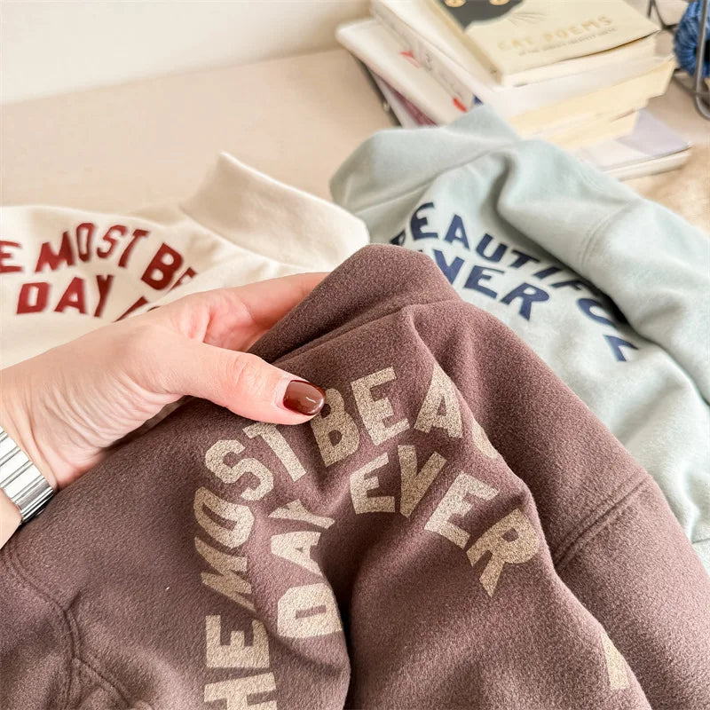 -キッズスウェットシャツ レターロゴプリント ハイネックトップス 裏フリースTシャツ 3カラー ユニセックス 男の子 女の子 子供服 - mamahalo shop - トレーナー・フーディ -  べビー服 - 子供服 - 男の子 - 女の子