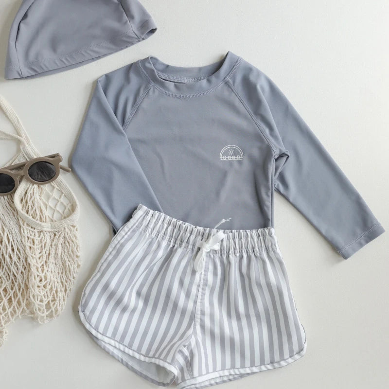 -キッズ水着 ボーイズ 長袖 セパレート トップス+パンツ ストライプ/チェック スイムウェア【mh0005994】 - mamahalo shop - ベビー用水着 -  べビー服 - 子供服 - 男の子 - 女の子