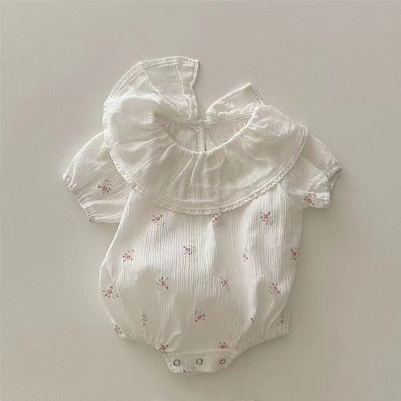 -ベビー フラワー 小花柄 チェック フリルカラー 半袖 ロンパース ホワイト イエローピンク ガールズ【mh0002041】 - mamahalo shop - 半袖ロンパース -  べビー服 - 子供服 - 男の子 - 女の子