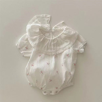 -ベビー フラワー 小花柄 チェック フリルカラー 半袖 ロンパース ホワイト イエローピンク ガールズ【mh0002041】 - mamahalo shop - 半袖ロンパース -  べビー服 - 子供服 - 男の子 - 女の子