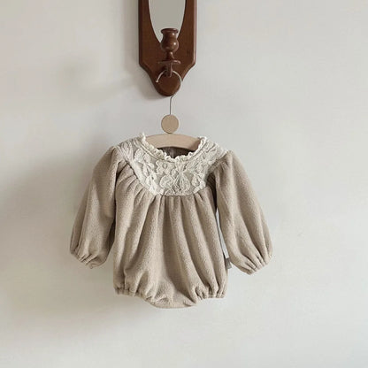 -ベビーロンパース フリース 刺繍レース 長袖ボディスーツ お出かけ 2カラー - mamahalo shop - 長袖ロンパース -  べビー服 - 子供服 - 男の子 - 女の子
