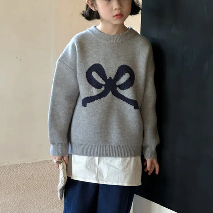 キッズトップス ビッグリボン長袖ニットセーター グレー - mamahalo shop - ニット・セーター -  べビー服 - 子供服 - 男の子 - 女の子