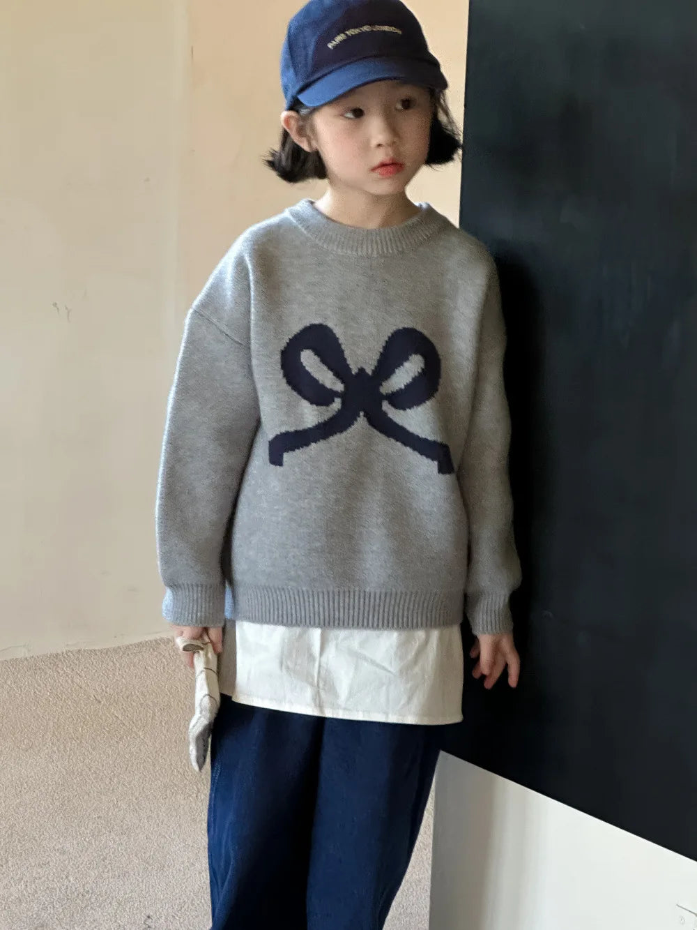 -キッズトップス ビッグリボン長袖ニットセーター グレー - mamahalo shop - ニット・セーター -  べビー服 - 子供服 - 男の子 - 女の子