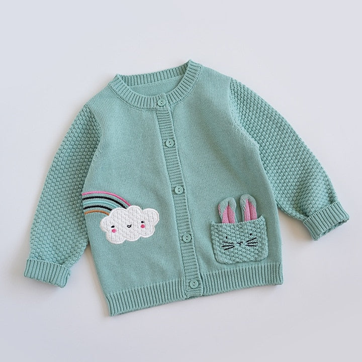 -キッズ うさぎ レインボー 刺繍 ニット ポケット カーディガン グリーン ガールズ - mamahalo shop - カーディガン・パーカー -  べビー服 - 子供服 - 男の子 - 女の子