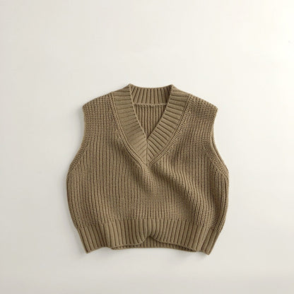 -キッズ ニットベスト シンプル ベーシック Vネック ブラック カーキ 2カラー ボーイズ 男の子 子供服 - mamahalo shop - ベスト -  べビー服 - 子供服 - 男の子 - 女の子