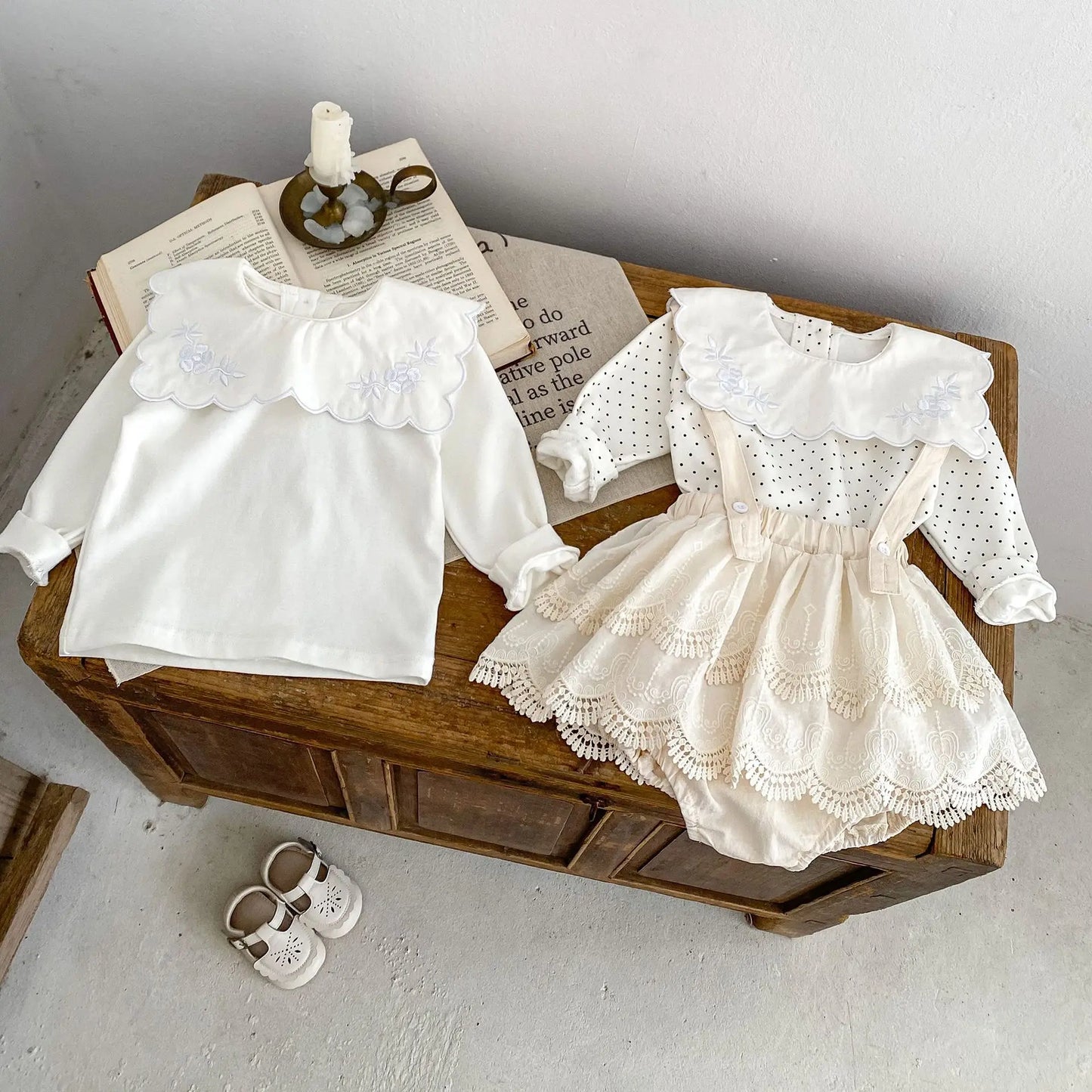 -ベビートップス/パンツ 水玉ドット/無地スクエア襟長袖Tシャツ/サスペンダーレーススカートブルマパンツ - mamahalo shop - 長袖セットアップ -  べビー服 - 子供服 - 男の子 - 女の子