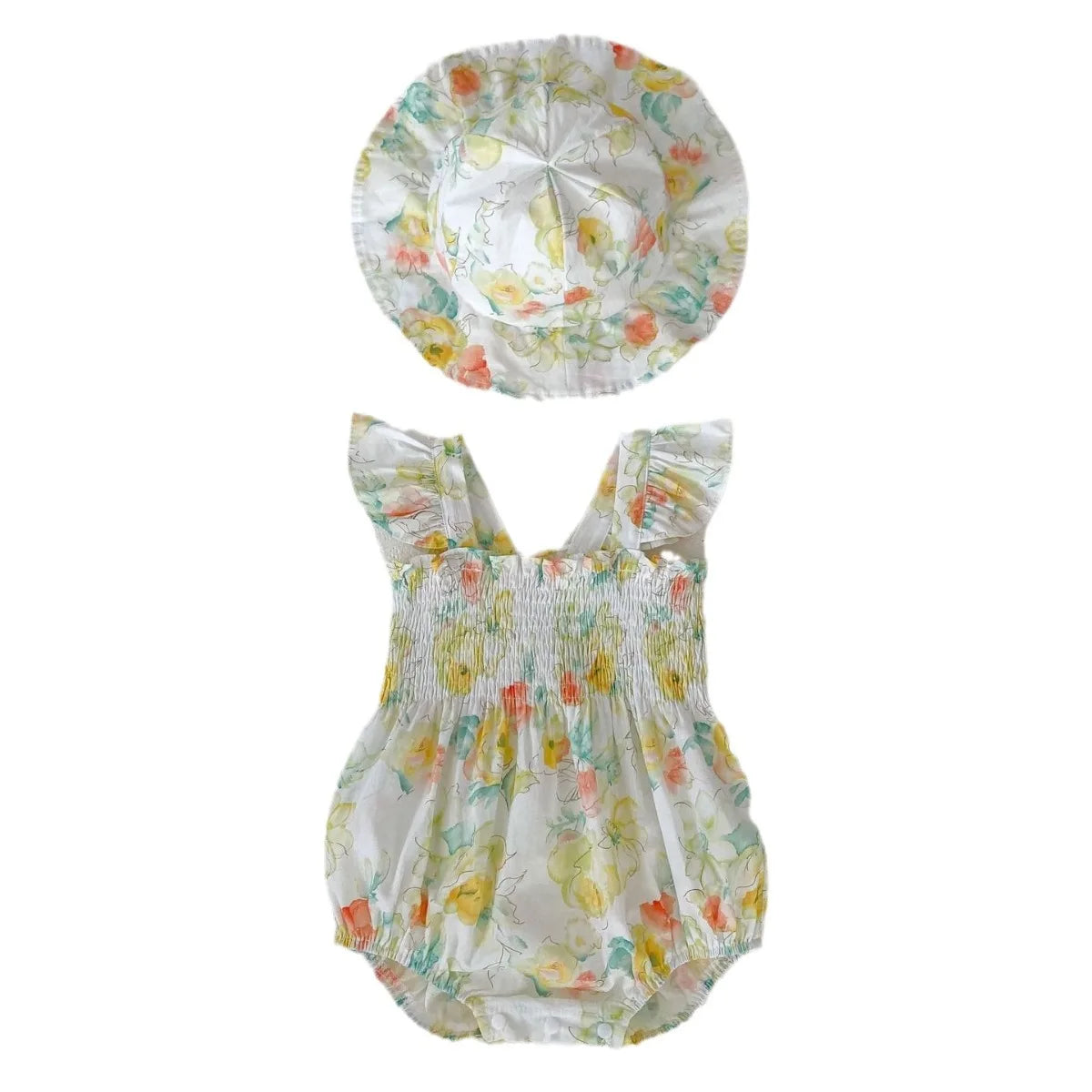 -ベビーロンパース ノースリーブシャーリングボディスーツ＋帽子セット フラワー花柄プリント【mh0005107】 - mamahalo shop - ノースリーブロンパース -  べビー服 - 子供服 - 男の子 - 女の子