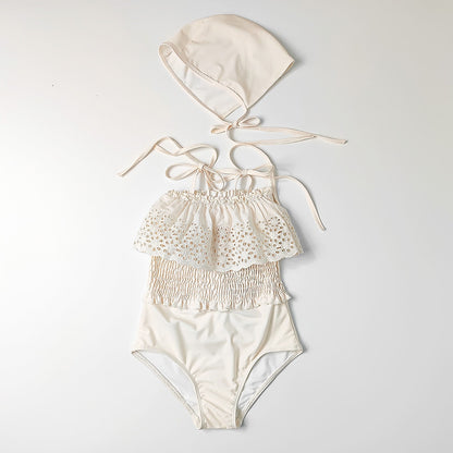 -キッズ 水着 ワンピース レース フリル シャーリング エレガント 帽子 セット スイムウェア ベージュ ガールズ【mh0002002】 - mamahalo shop - ベビー用水着 -  べビー服 - 子供服 - 男の子 - 女の子