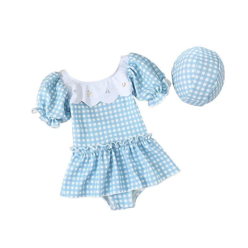 -キッズ水着 帽子セット 半袖ワンピース パフスリーブ チェック スカート スイムウェア 2カラー【mh0005131】 - mamahalo shop - ベビー用水着 -  べビー服 - 子供服 - 男の子 - 女の子