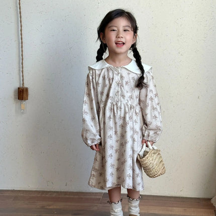 キッズワンピース フラワープリントセーラーカラー長袖ワンピース - mamahalo shop - 長袖ワンピース -  べビー服 - 子供服 - 男の子 - 女の子