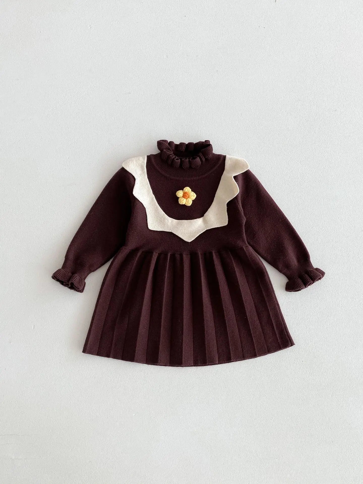 -ベビーキッズワンピース ニットフラワー長袖ワンピース 2カラー - mamahalo shop - 長袖ワンピース -  べビー服 - 子供服 - 男の子 - 女の子