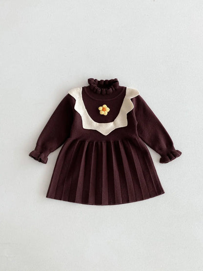 -ベビーキッズワンピース ニットフラワー長袖ワンピース 2カラー - mamahalo shop - 長袖ワンピース -  べビー服 - 子供服 - 男の子 - 女の子