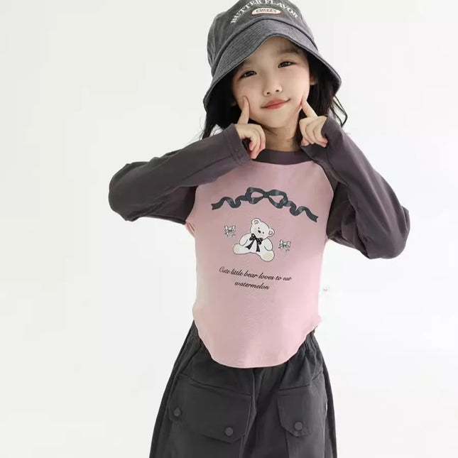 キッズトップス ベアくまプリントラグランパッチワーク長袖Tシャツ 2カラー - mamahalo shop - 長袖Tシャツ -  べビー服 - 子供服 - 男の子 - 女の子