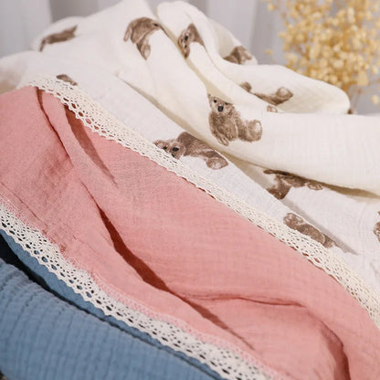 -モスリンガーゼ 正方形 コットン ベビー レース 毛布 ブランケット おくるみ スワドル - mamahalo shop - ベビーブランケット・タオル -  べビー服 - 子供服 - 男の子 - 女の子