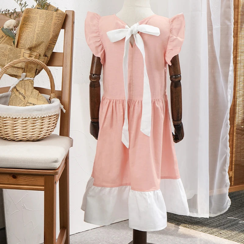 -キッズワンピース バタフライスリーブ プリンセスドレスワンピース コットンリネン ピンク【mh0006284】 - mamahalo shop - 半袖ワンピース -  べビー服 - 子供服 - 男の子 - 女の子