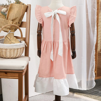 -キッズワンピース バタフライスリーブ プリンセスドレスワンピース コットンリネン ピンク【mh0006284】 - mamahalo shop - 半袖ワンピース -  べビー服 - 子供服 - 男の子 - 女の子