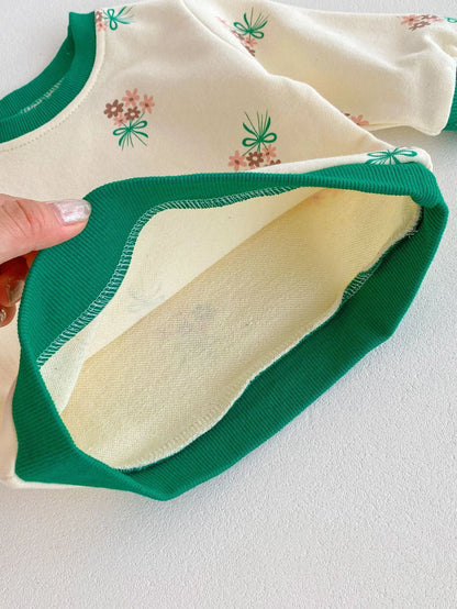 -ベビーキッズセットアップ 2点セット スウェットシャツ+ロングパンツ レトロバイピング フラワープリント - mamahalo shop - 長袖セットアップ -  べビー服 - 子供服 - 男の子 - 女の子