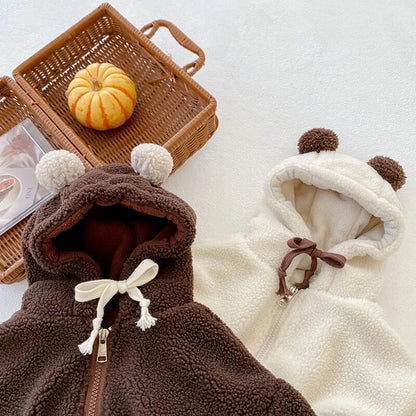 -キッズアウター 耳付きフーディジャケット フリースコート くま耳フード ブラウン ベージュ 2カラー ボーイズ 男の子 子供服 - mamahalo shop - ショートコート・ジャケット・ジャンパー -  べビー服 - 子供服 - 男の子 - 女の子