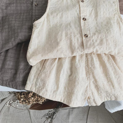 -キッズセットアップ 2点セット ノースリーブシャツブラウス＋ショートパンツ シンプルベーシック 無地/チェック 2カラー【mh0006032】 - mamahalo shop - ノースリーブセットアップ -  べビー服 - 子供服 - 男の子 - 女の子