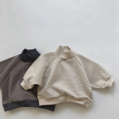 -キッズスウェットシャツ ボーダープリント 裏フリース ハイネック スタンドカラートレーナー プルオーバー 2カラー ユニセックス 男の子 女の子 子供服 - mamahalo shop - トレーナー・フーディ -  べビー服 - 子供服 - 男の子 - 女の子