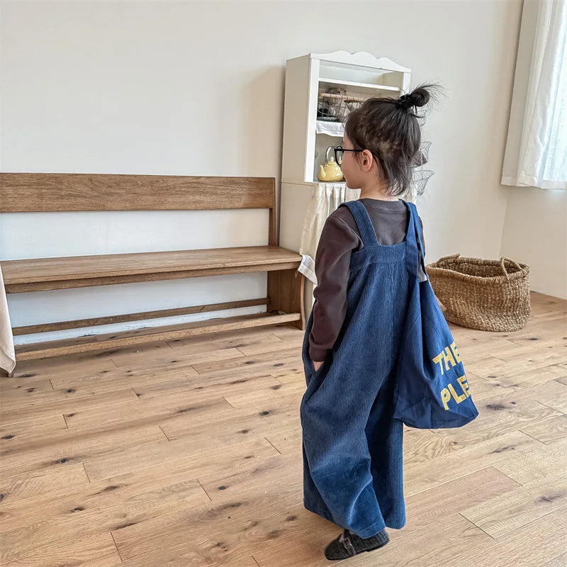 -キッズサロペット コーデュロイサスペンダーパンツ ワイドルーズ 膝パッチ ブルー カーキ 2カラー - mamahalo shop - サロペットパンツ・サスペンダーパンツ -  べビー服 - 子供服 - 男の子 - 女の子