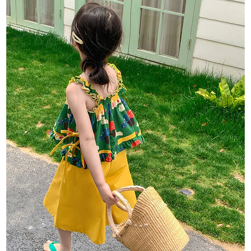 -キッズセットアップ 2点セット キャミソールチュニックブラウス+ワイドルーズガウチョパンツ メルヘンプリント【mh0006167】 - mamahalo shop - ノースリーブセットアップ -  べビー服 - 子供服 - 男の子 - 女の子