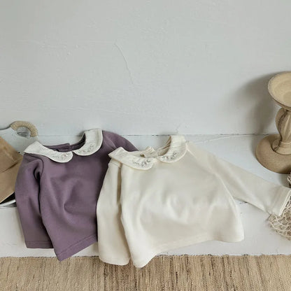 -ベビートップス フラワー刺繍丸襟長袖Tシャツブラウス 2カラー【mh0006702】 - mamahalo shop - 長袖Tシャツ -  べビー服 - 子供服 - 男の子 - 女の子