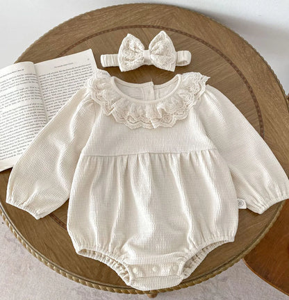 -ベビーロンパース ワッフル レースフリル 長袖ボディスーツ リボンヘアバンドセット コーヒー/ベージュ/2カラー - mamahalo shop - 長袖ロンパース -  べビー服 - 子供服 - 男の子 - 女の子