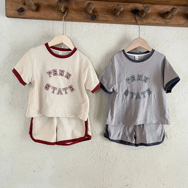 キッズセットアップ 2点セット 半袖バイピングTシャツ+ショートパンツ レターロゴプリント 2カラー - mamahalo shop - 半袖セットアップ - ベビー服 - 子供服 - 男の子 - 女の子