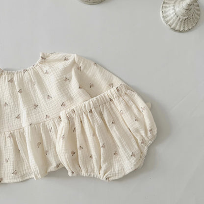 -ベビーセットアップ 2点セット 長袖ペプラムチュニックブラウス+ブルマパンツ フラワー小花柄プリント - mamahalo shop - 長袖セットアップ -  べビー服 - 子供服 - 男の子 - 女の子