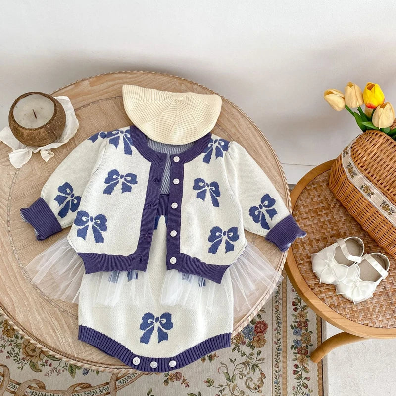 -ベビーカーディガン/ロンパース リボン柄チュチュペプラムニットジャケット/サスペンダーボディスーツ【mh0007033】 - mamahalo shop - ロンパースセットアップ -  べビー服 - 子供服 - 男の子 - 女の子