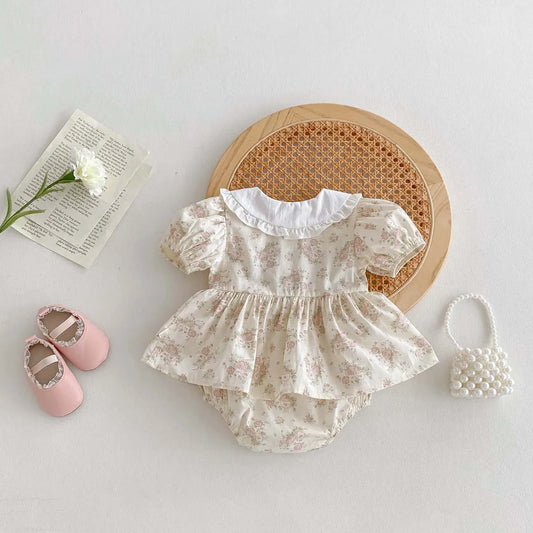 -ベビーロンパース 半袖パフスリーブ フリル丸襟ブラウス スカートボディスーツ アプリコット - mamahalo shop - 半袖ロンパース -  べビー服 - 子供服 - 男の子 - 女の子