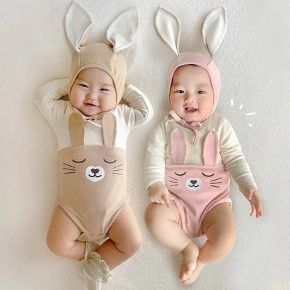 -ベビー うさぎ うさ耳 バニー ドッキング 半袖 ロンパース 耳帽子 セット ピンク アプリコット ユニセックス【mh0001994】 - mamahalo shop - 半袖ロンパース -  べビー服 - 子供服 - 男の子 - 女の子